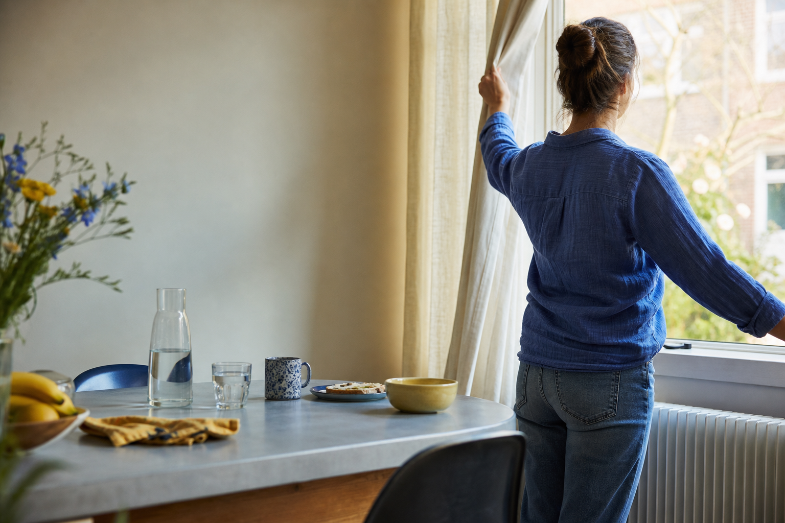 Vrouw opent in de ochtend het gordijn naast een gedekte ontbijttafel